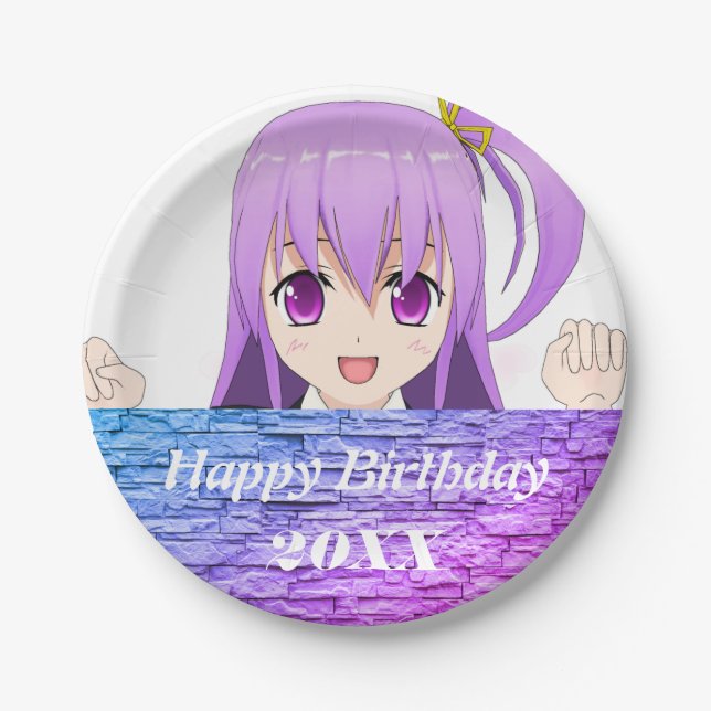 Happy Birthday fun pink purple anime  Paper Plates (Front)