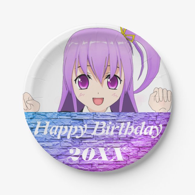 Happy Birthday fun pink purple anime  Paper Plates (Front)