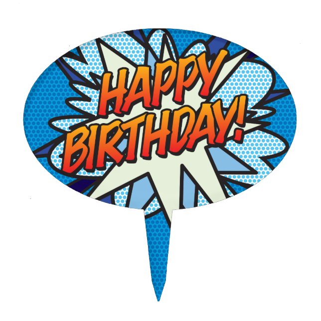 HAPPY BIRTHDAY Fun Retro Comic Book Cake Topper (Front)