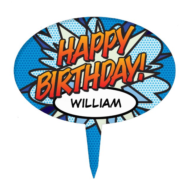 HAPPY BIRTHDAY Fun Retro Comic Book Cake Topper (Front)