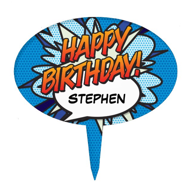 HAPPY BIRTHDAY Fun Retro Comic Book Cake Topper (Front)