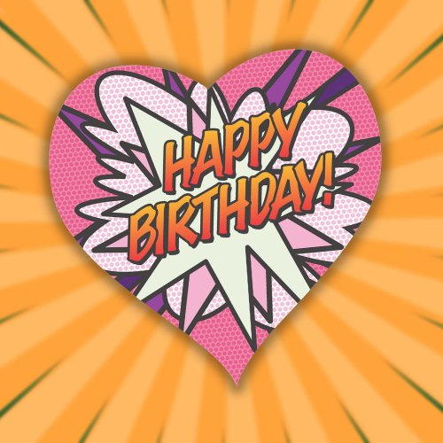 HAPPY BIRTHDAY Fun Retro Comic Book Pink Heart Sticker