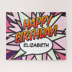 HAPPY BIRTHDAY Fun Retro Comic Book Pink Jigsaw Puzzle