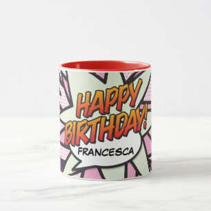 HAPPY BIRTHDAY Fun Retro Comic Book Pink Mug