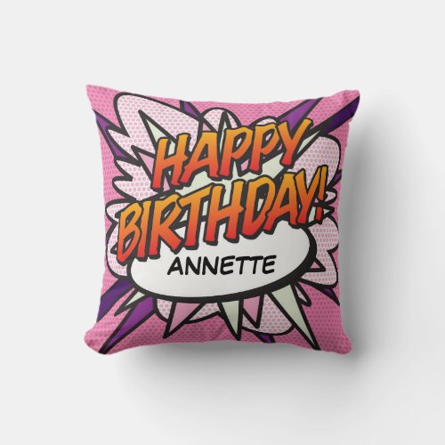 HAPPY BIRTHDAY Fun Retro Comic Book Pop Art Throw Pillow