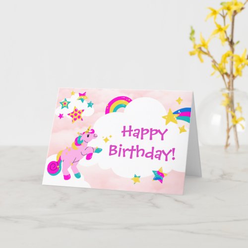Happy Birthday Fun Unicorn And Rainbow Pink Design Card