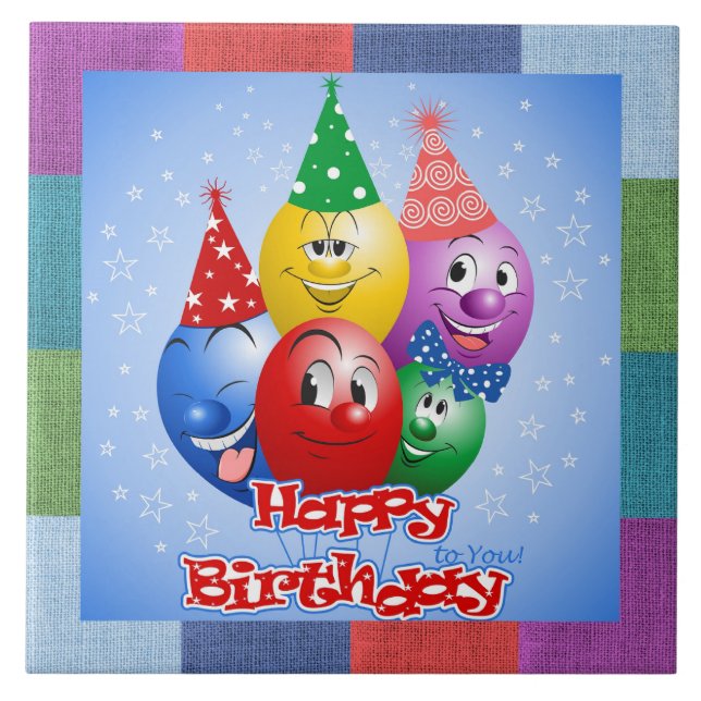 Happy Birthday Funny Balloons Ceramic Tile (Front)