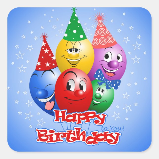 Happy Birthday Funny Balloons, Square Sticker (Front)