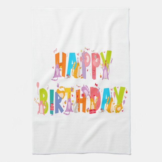 Happy Birthday Funny Cat Lover Bday Celebration Kitchen Towel (Vertical)