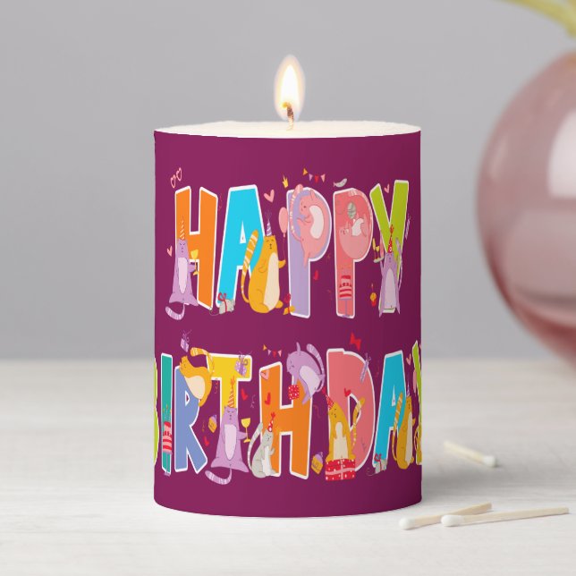 Happy Birthday Funny Cat Lover Bday Celebration Pillar Candle (In Situ)