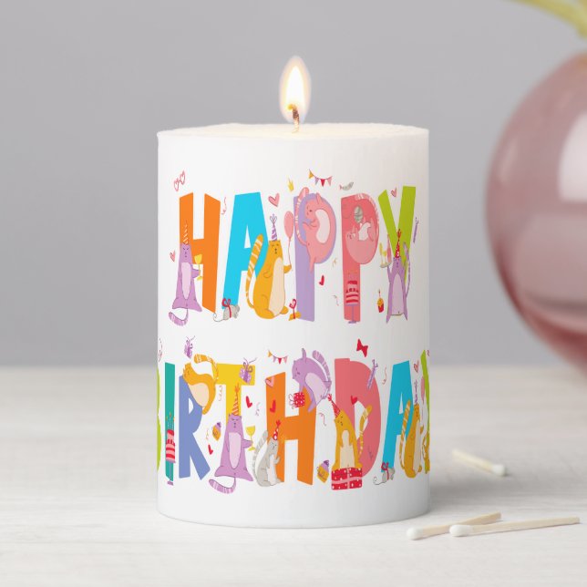 Happy Birthday Funny Cat Lover Bday Celebration Pillar Candle (In Situ)