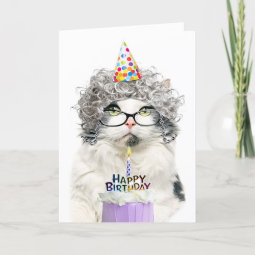 Happy Birthday Funny Old Lady Cat in Party Hat Holiday Card