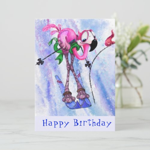 Happy Birthday _ Funny Pink Flamingo Skier 