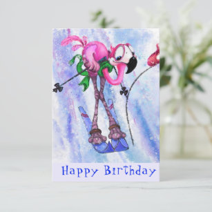 Happy Birthday - Funny Pink Flamingo Skier - Fun