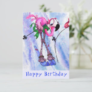Happy Birthday - Funny Pink Flamingo Skier - Fun