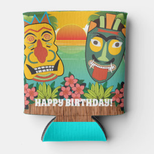 Happy Birthday Funny Tiki Faces Sunset Can Cooler