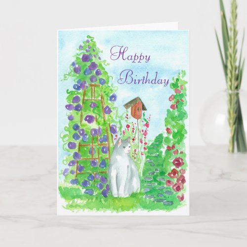 Happy Birthday Garden Cat Watercolor Flower Art Card