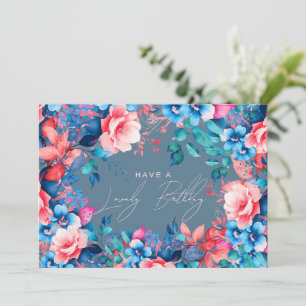 Happy Birthday Garden Floral Dusty Blue Blush Card