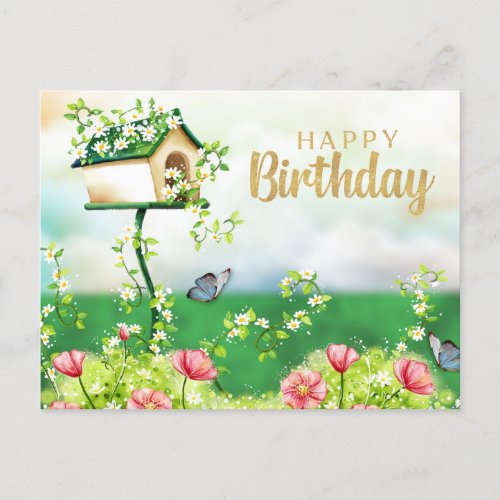 Happy Birthday Garden Flowers and Birdhouse Postcard