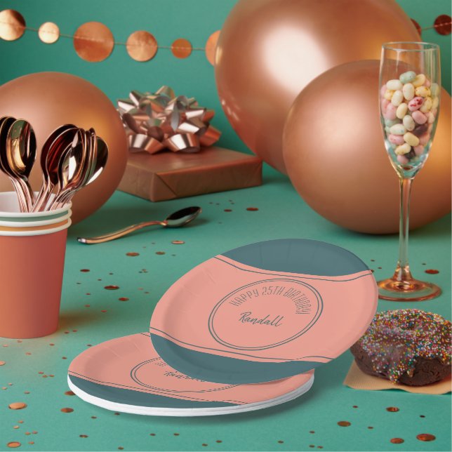 Happy Birthday Geometric Double Circle Teal Paper Plates (Multi)