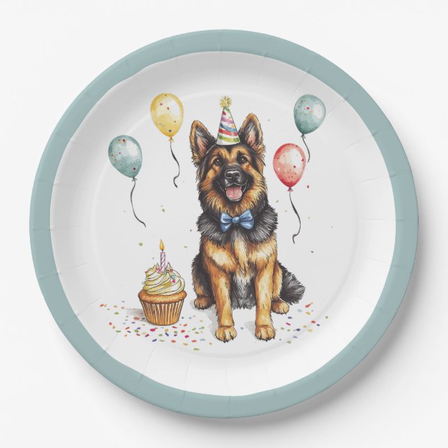 Happy Birthday German Shepherd Dog Paper Plates (Front)