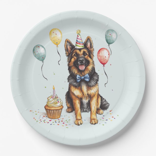 Happy Birthday German Shepherd Dog Paper Plates (Front)