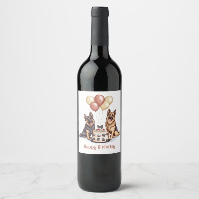 Happy Birthday German Shepherd Dogs Birthday Cake Wine Label (Front)