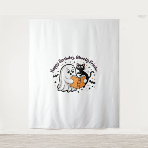 Happy Birthday Ghost Cat PNG - Spooky Cute Classic Tapestry