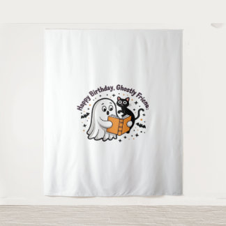 Happy Birthday Ghost Cat PNG - Spooky Cute Classic Tapestry