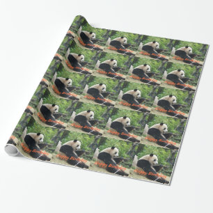 Happy birthday, giant panda eating bamboo. wrapping paper