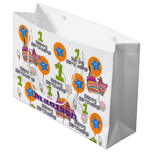 Happy Birthday Gift Bag #1 First Birthday White (Front Angled)