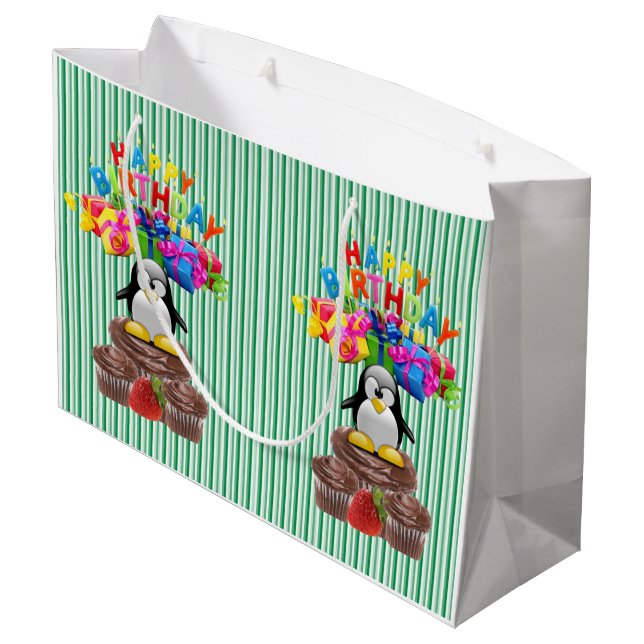 Happy Birthday Gift Bag Stripe Penguin (Back Angled)
