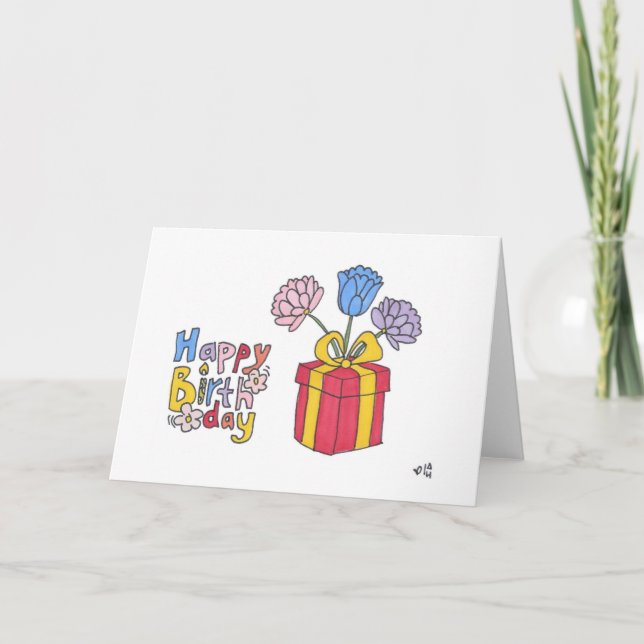Happy Birthday Gift Box with Flowers Card (Front)