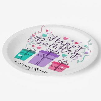 Happy Birthday Gift Boxes on White Customize 9 Inch Paper Plate