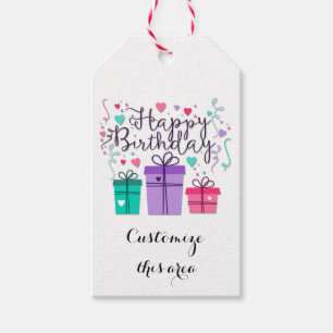 Happy Birthday Gift Boxes on White Customize Gift Tags