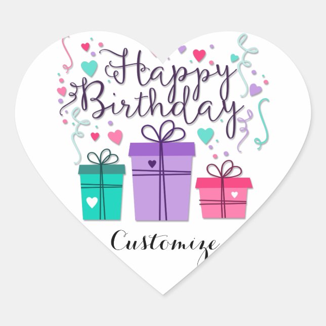 Happy Birthday Gift Boxes on White Customize Heart Sticker (Front)