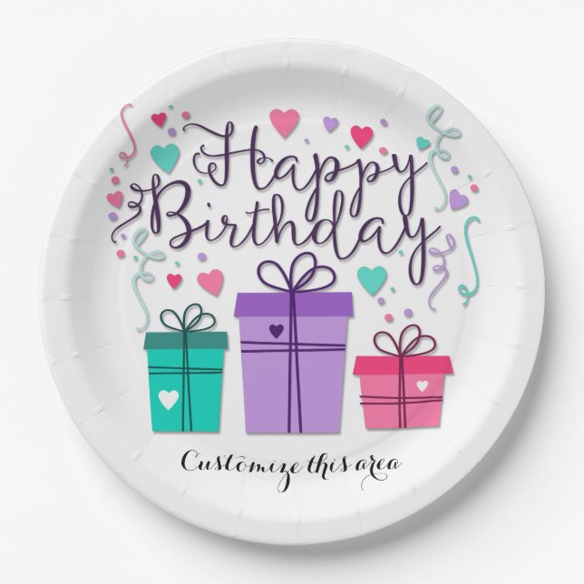 Happy Birthday Gift Boxes on White Customize Paper Plates (Front)