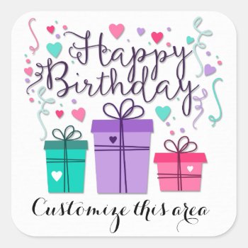 Happy Birthday Gift Boxes On White Customize Square Sticker by steelmoment at Zazzle