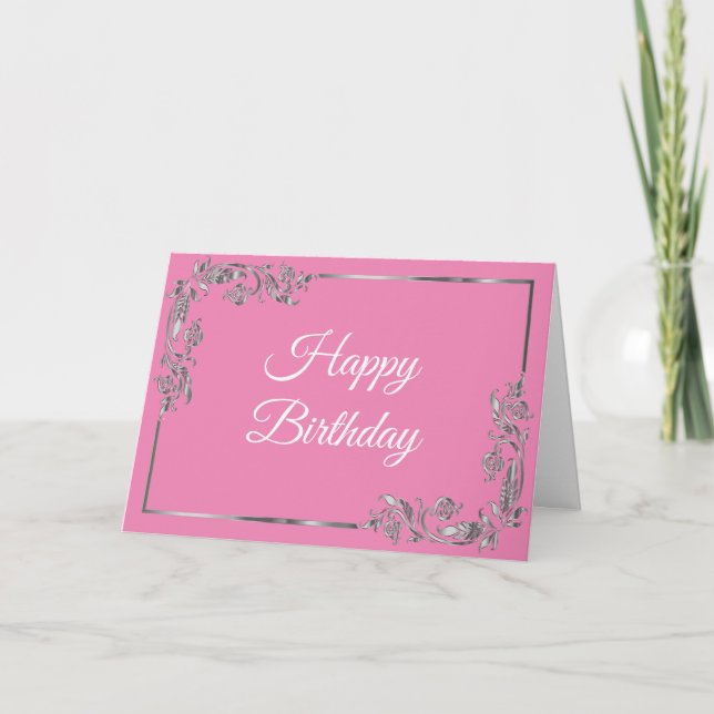 Happy Birthday Gift Wishes To You Pink And Silver Holiday Card (Front)