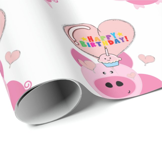 Happy Birthday Gift Wrapping Paper Pink Pig (Roll Corner)