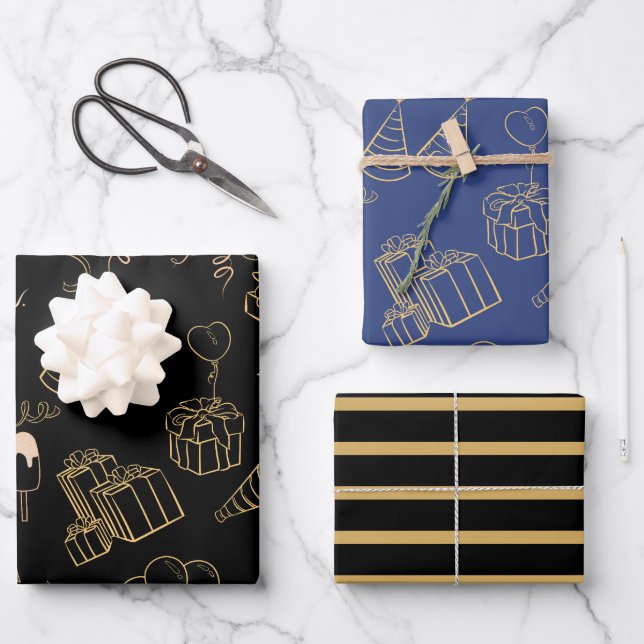 Happy Birthday Gifts Gold Black Blue Wrapping Paper Sheets (Front)