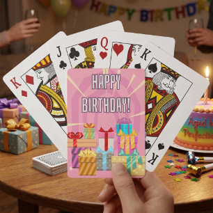 Happy Birthday Gifts On Pink Playing Cards
