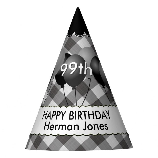 Happy Birthday Gingham Checks Pattern Black/White Party Hat (Front)