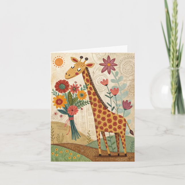 Happy birthday giraffe folk art foldet card (Front)