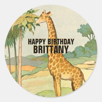 Happy Birthday Giraffe Illustration Classic Round Sticker by kidslife at Zazzle