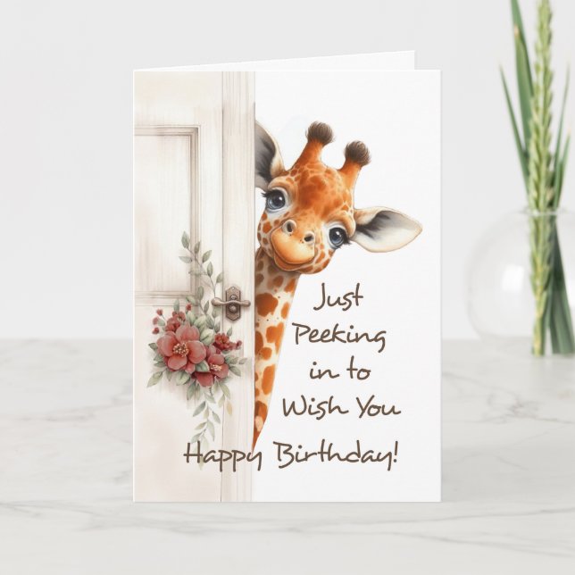 Happy Birthday Giraffe Peeking Around Door Card (Front)