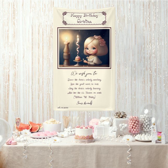 Happy Birthday Girl 01 Banner (Customizable Happy Birthday Banner with the drawn of an adorable girl in front of a birthday cupcake)