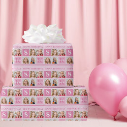 Happy Birthday Girl Cute Custom Photo Collage Pink Wrapping Paper