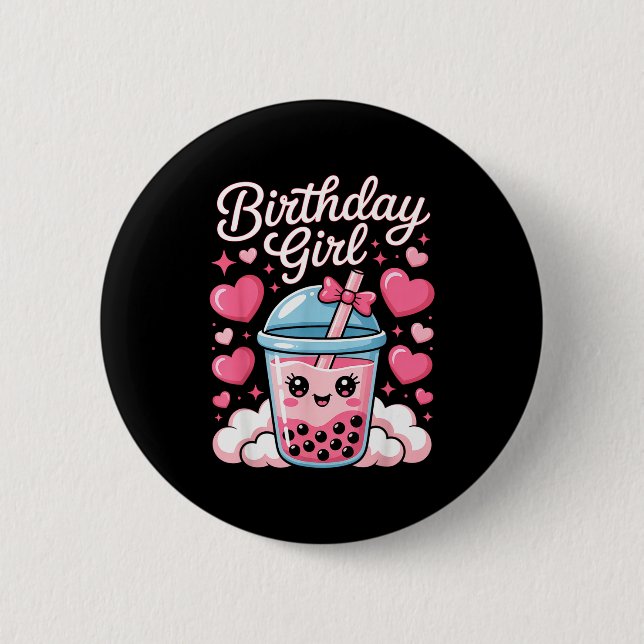 Happy Birthday Girl Cute Nk Bow Bubble Boba Tea An Button (Front)