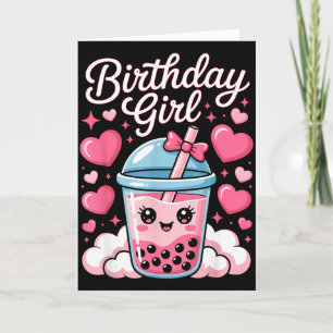 Happy Birthday Girl Cute Pink Bow Bubble Boba Tea Card